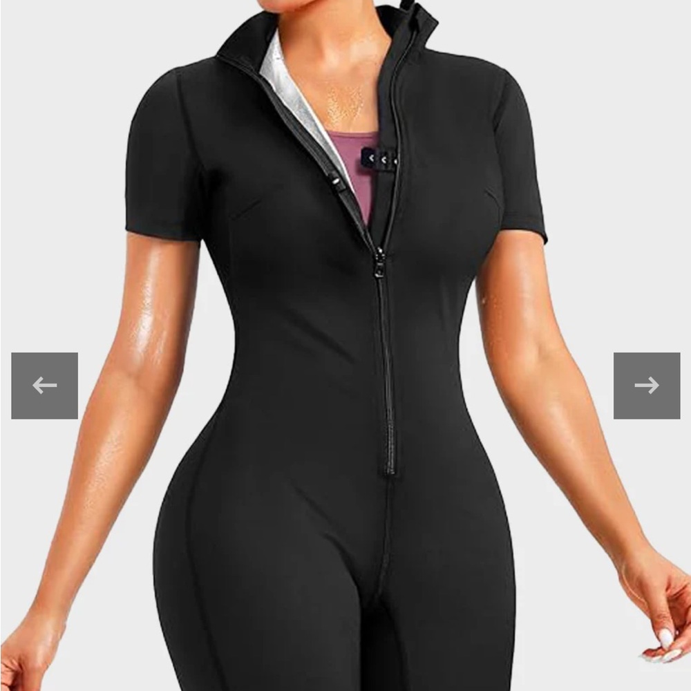Black Women's Short Sleeve Zipper Sauna Bodysuit